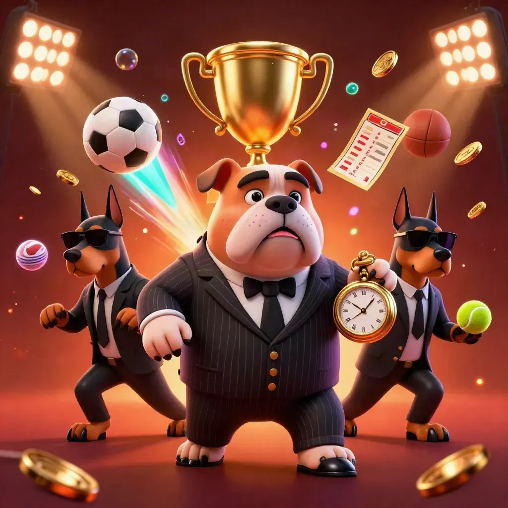 Mafia bulldog and Dobermans amid flying sports balls, trophy, coins, and casino lights.