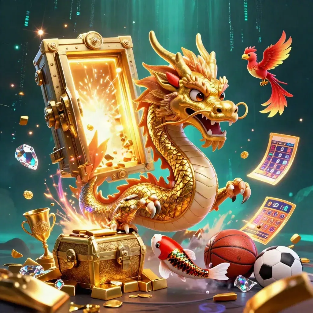 Golden dragon with phoenix and koi amid treasure, casino glow, balls, and light rays.