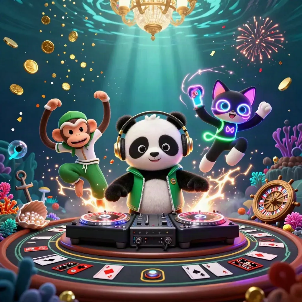 DJ panda, breakdancing monkey, and glow-stick kitten in a luxe underwater casino key-art scene
