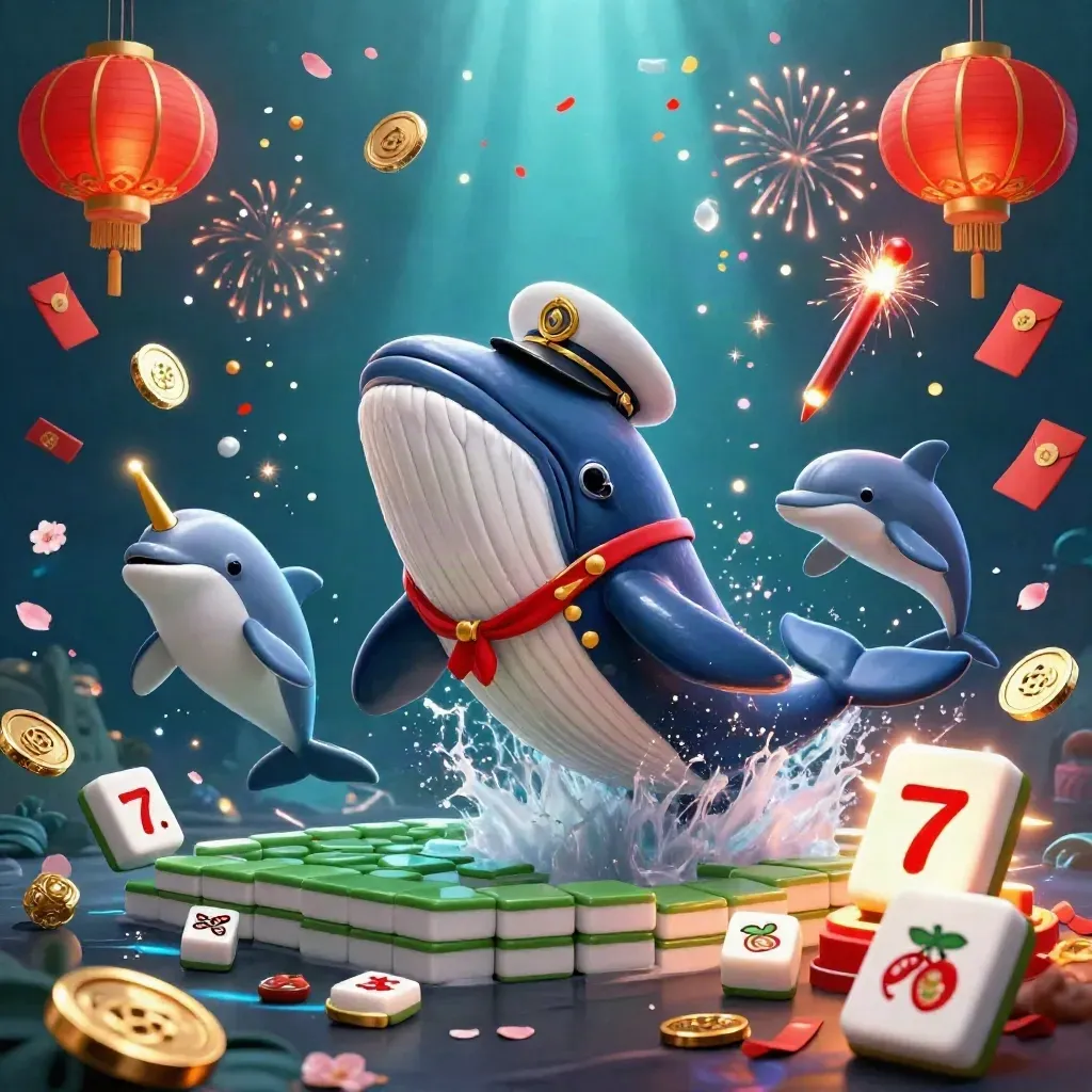 Whale captain, narwhal and dolphins burst through coins with casino treasures underwater.