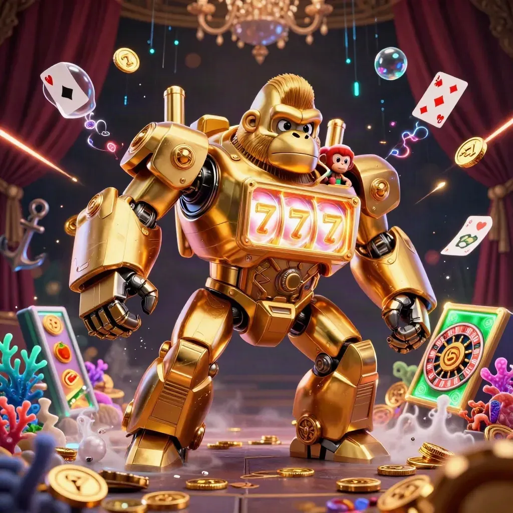 Golden gorilla mech and tiny monkey pilot amid casino treasure, coral, and glowing energy.