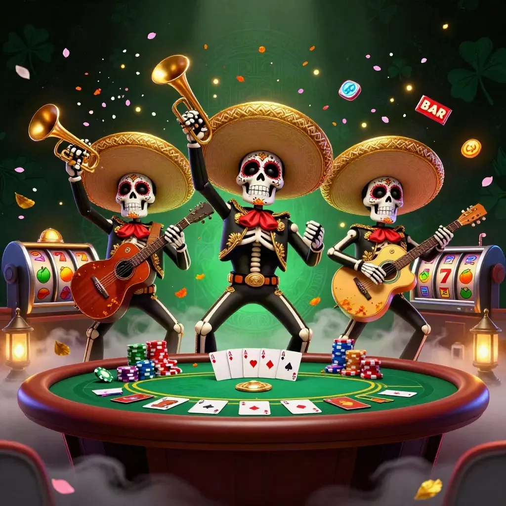 Skeleton mariachi trio amid chips, cards, reels, gold light, and emerald casino fog.