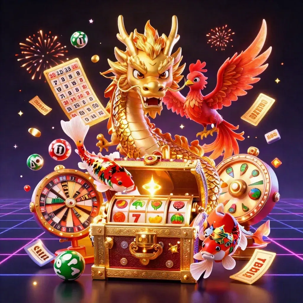 Golden dragon, phoenix, koi and casino symbols bursting in neon casino key art