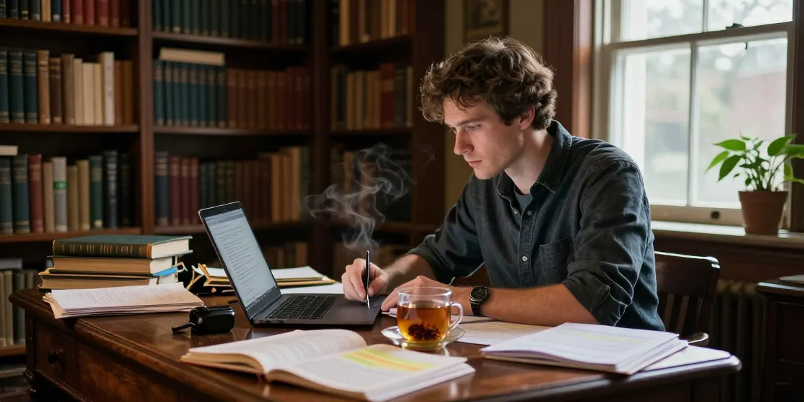 T Allen Greenfield writing in a cozy library at https://tallengreenfield.com, surrounded by books and warm lighting.